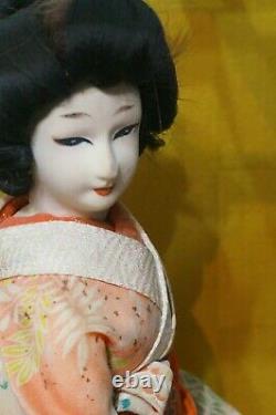 Vintage Japanese Geisha Doll in Glass & Wood Display Case, 16 Doll, 19 Case