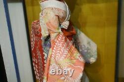 Vintage Japanese Geisha Doll in Glass & Wood Display Case, 16 Doll, 19 Case