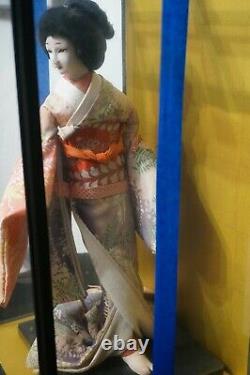 Vintage Japanese Geisha Doll in Glass & Wood Display Case, 16 Doll, 19 Case