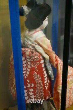 Vintage Japanese Geisha Doll in Glass & Wood Display Case, 16 Doll, 19 Case