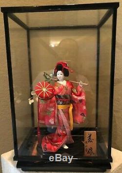Vintage Japanese Porcelain Geisha Doll in Display Case with Signed Wood Plaque