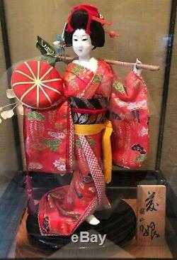 Vintage Japanese Porcelain Geisha Doll in Display Case with Signed Wood Plaque