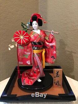 Vintage Japanese Porcelain Geisha Doll in Display Case with Signed Wood Plaque