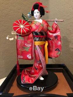 Vintage Japanese Porcelain Geisha Doll in Display Case with Signed Wood Plaque