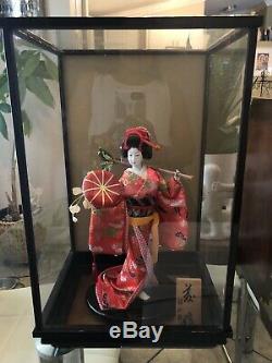 Vintage Japanese Porcelain Geisha Doll in Display Case with Signed Wood Plaque