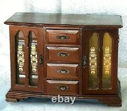 Vintage Jewelry Box Wooden Dresser Style 8-Drawer Floral Stained Glass 15x10.5