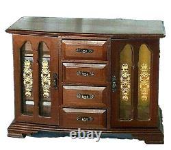 Vintage Jewelry Box Wooden Dresser Style 8-Drawer Floral Stained Glass 15x10.5