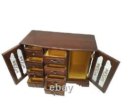 Vintage Jewelry Box Wooden Dresser Style 8-Drawer Floral Stained Glass 15x10.5