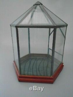 Vintage Large Plant Terrarium Hexagon Display Case Glass Wood Base