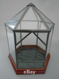 Vintage Large Plant Terrarium Hexagon Display Case Glass Wood Base