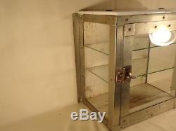 Vintage Metal Glass Wood Antiseptic Sterilizer Barber Counter Wall Cabinet Case