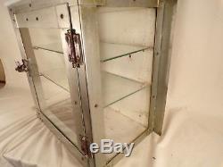 Vintage Metal Glass Wood Antiseptic Sterilizer Barber Counter Wall Cabinet Case