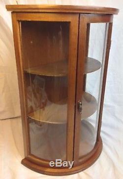 Vintage Miniature Curved Glass Wood Curio Cabinet Table Wall Shelf Display Case
