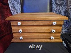 Vintage OAK 3 DRAWER DISPLAY CABINET Knives Coins Jewelry Collectables