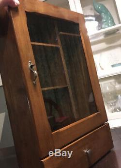 Vintage Oak Glass Curio Display Case Wood Cabinet Wall Dovetail Tabletop Drawer