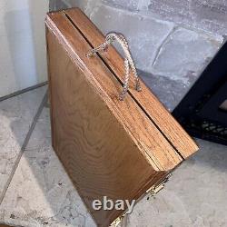 Vintage Oak Wood Velvet Lined Jewelry Travel Display Case 22 Folding Table Box