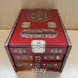 Vintage Red Lacquer Wood Abalone Inlay Chinese Jewelry 2 Draw Box With Fold Mirror