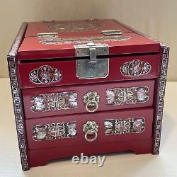 Vintage Red Lacquer Wood Abalone Inlay Chinese Jewelry 2 Draw Box With Fold Mirror