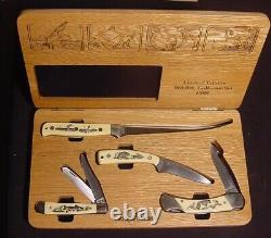 Vintage Schrade Scrimshaw 4-Knife 1998 Wildlife Collector Set Wood Display Case