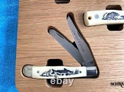 Vintage Schrade Scrimshaw 4-Knife 1998 Wildlife Collector Set Wood Display Case