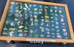 Vintage USA State Travel Souvenir Enamel Lapel Pins Wood Display Case Lot Of 90+