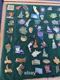 Vintage USA State Travel Souvenir Enamel Lapel Pins Wood Display Case Lot Of 90+