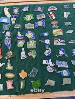 Vintage USA State Travel Souvenir Enamel Lapel Pins Wood Display Case Lot Of 90+