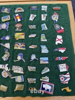 Vintage USA State Travel Souvenir Enamel Lapel Pins Wood Display Case Lot Of 90+