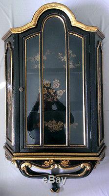 Vintage Victorian Wall Cabinet Shelve Glass Door Display Case Black Gold Painted