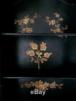 Vintage Victorian Wall Cabinet Shelve Glass Door Display Case Black Gold Painted