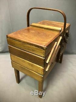 Vintage Wood 3 Tier Sewing Box Strommen Bruk Hamar Accordion Style Display Case