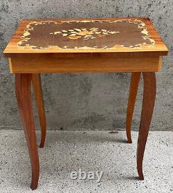 Vintage Wood Jewelry Display Case Inlay Flower Pedestal Standing Table Music Box