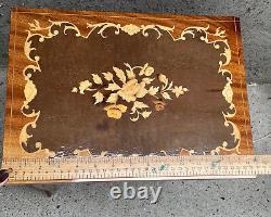 Vintage Wood Jewelry Display Case Inlay Flower Pedestal Standing Table Music Box