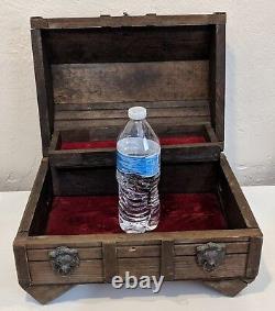 Vintage Wood Treasure Chest Jewelry Box Lions Heads Mexico Red Interior Stunning