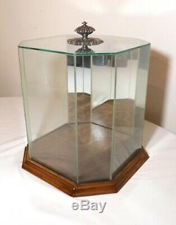 Vintage antique glass wood silver countertop 8 sided statue display show case