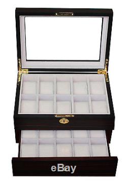 Vintage ebony wooden watch boxes display case storage organiser 20 compartments