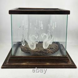 Vintage hand blown glass swans cattails on lake Glass Wood Display Case signed