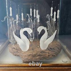 Vintage hand blown glass swans cattails on lake Glass Wood Display Case signed