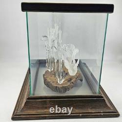 Vintage hand blown glass swans cattails on lake Glass Wood Display Case signed