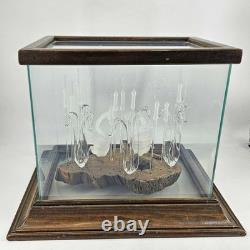 Vintage hand blown glass swans cattails on lake Glass Wood Display Case signed
