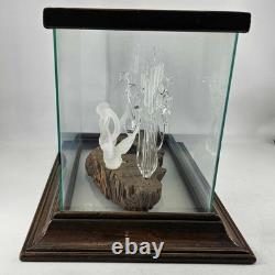 Vintage hand blown glass swans cattails on lake Glass Wood Display Case signed
