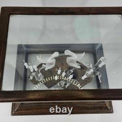 Vintage hand blown glass swans cattails on lake Glass Wood Display Case signed
