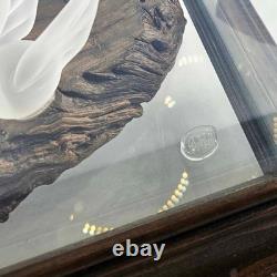 Vintage hand blown glass swans cattails on lake Glass Wood Display Case signed