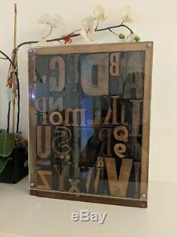 Vintage letterpress wood type printing blocks alphabet letters in display case