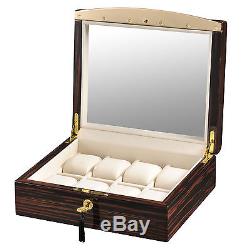 Volta Ebony Wood 8 Watch Case Display Box with Gold Accents and White Interior