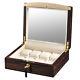 Volta Ebony Wood 8 Watch Case Display Box With Gold Accents And White Interior