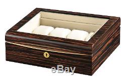 Volta Ebony Wood 8 Watch Case Display Box with Gold Accents and White Interior