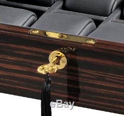 Volta Ebony Wood Black Leather 8 Watch Display Storage Case Mens Box 31-560940