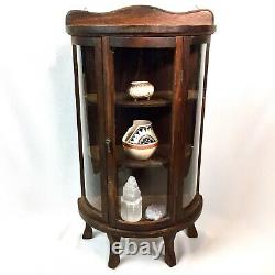 Vtg Curved Glass Dark Brown Wood Small Wall Tabletop Curio Display Case Footed