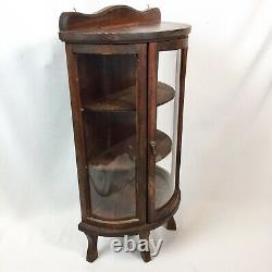 Vtg Curved Glass Dark Brown Wood Small Wall Tabletop Curio Display Case Footed